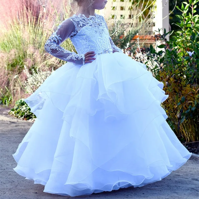 Vestidos blancos formales de flores hinchadas para niñas, joya de boda, manga larga de encaje, vestidos de fiesta de princesa, vestido de primera comunión escalonado