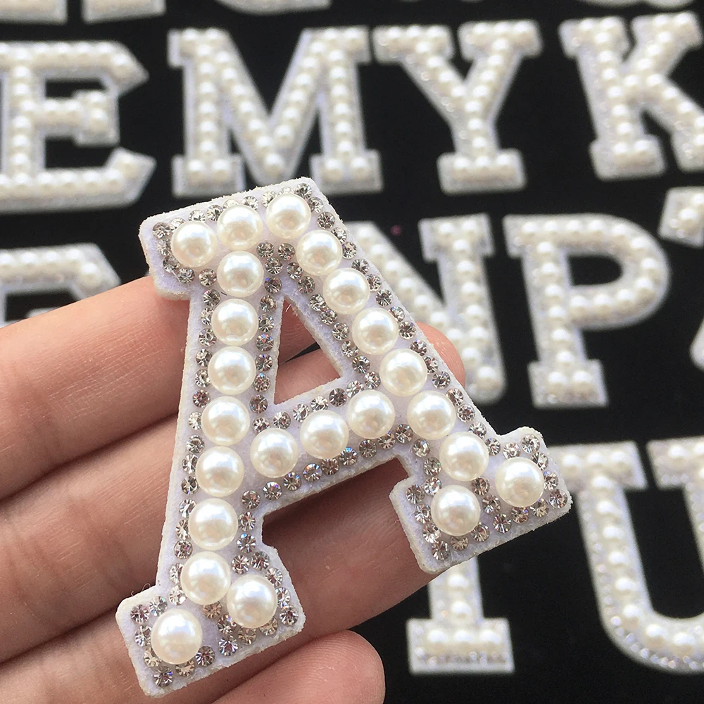 26Pcs 3D White Bottom Pearl Letter Patches English Alphabet Rhinestone  Applique for Clothes Iron on Stripe Badge DIY Name