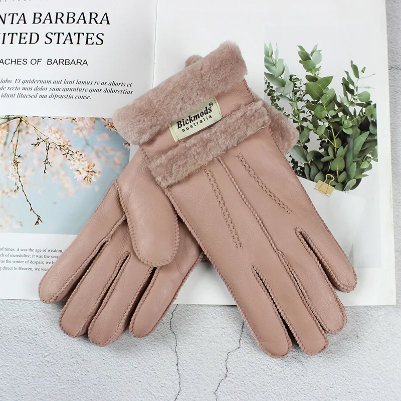 Leather Sheepskin Fur Gloves Women Hand-stitched Winter Thick Warm Wool Multicolor Stitching Style Finger Gloves