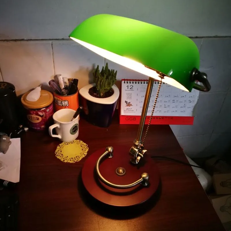 Bankers desk lamp vintage table lighting fixture green glass cover shade birch wood base antique adjustable articulatingl cord