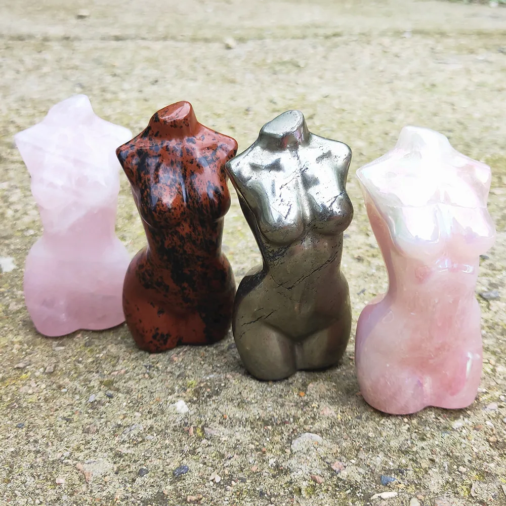 

8cm Crystal Goddess Natural Rose Quartz Statue Pyrite Carved Woman Torso Red Obsidian Gem Body Sculpture Polished Energy Healing