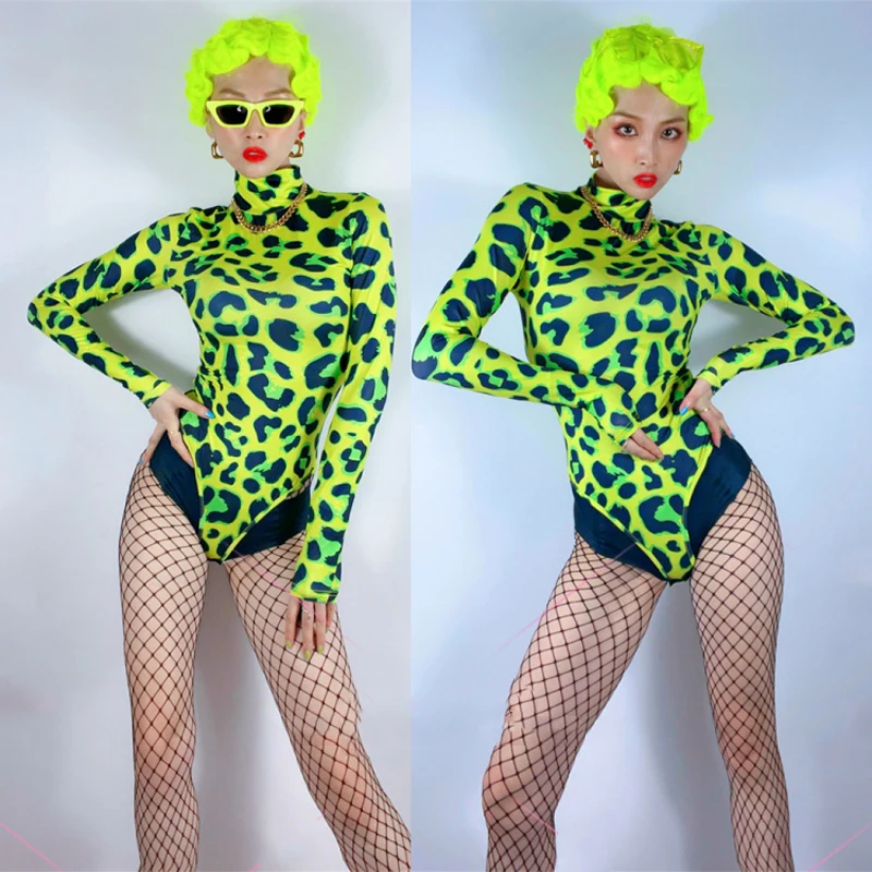 New Neon Green Leropard Bodysuit Long Sleeves Women Singer Stage Costume Jazz Gogo Dancer Pole Dance Clothing Rave Wear DNV15196