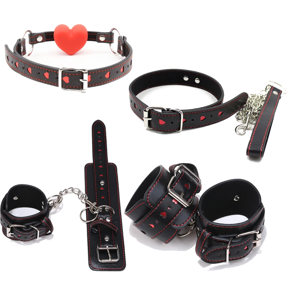 PU Leather Sexy Handcuffs Collar Gag Hollow LOVE Restraints Foot Cuffs Bdsm Sex Toys for Couples Bondage Erotic Women Adult Game