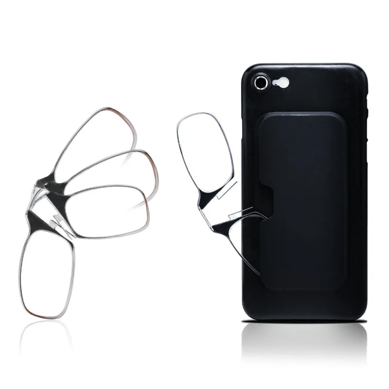 Portable legless nasal reading glasses for both men and women can be attached to the case of mobile phone glasses