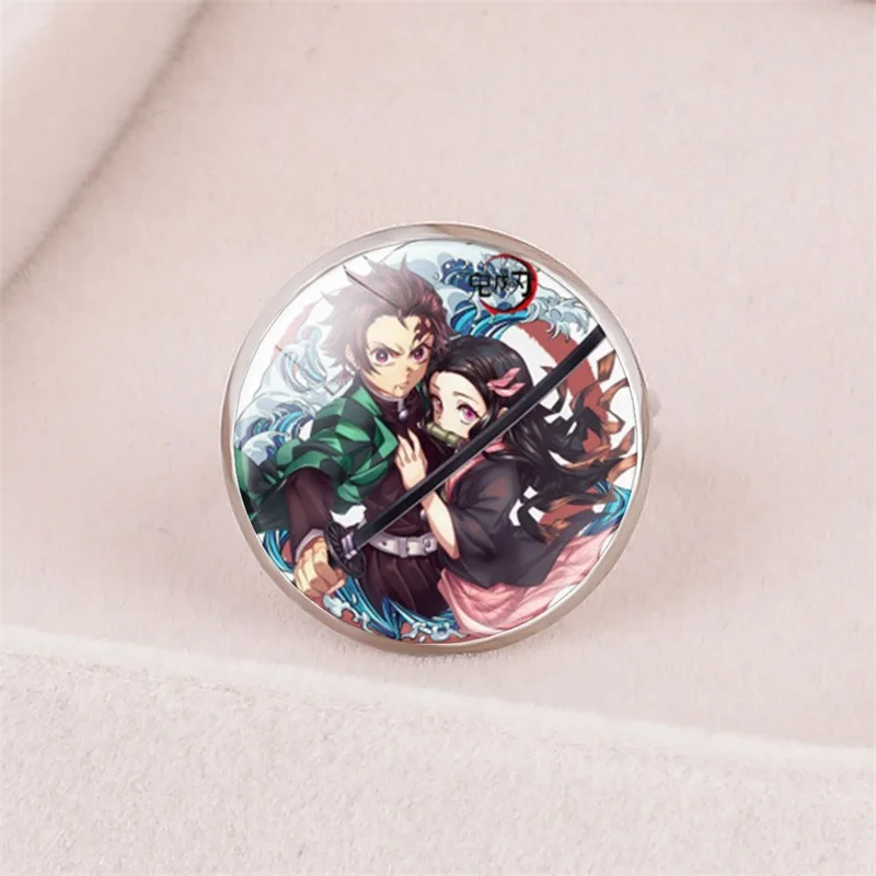 FIMAODZ Demon Slayer Glass Round Ring Kimetsu No Yaiba Kamado Tanjirou Nezuko Cosplay Rings for Women Men Fans Gift