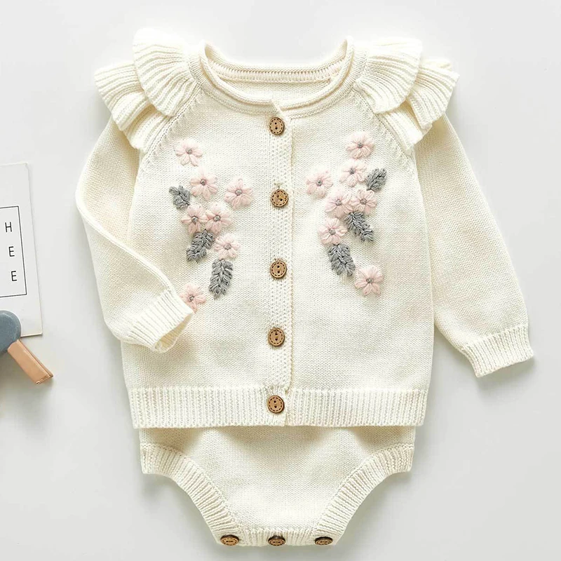 Infant Baby Girls Knitting Clothing Sets Long Sleeve Flower Cardigan Coat+Rompers Spring Autumn Toddler Girl Clothes Suit