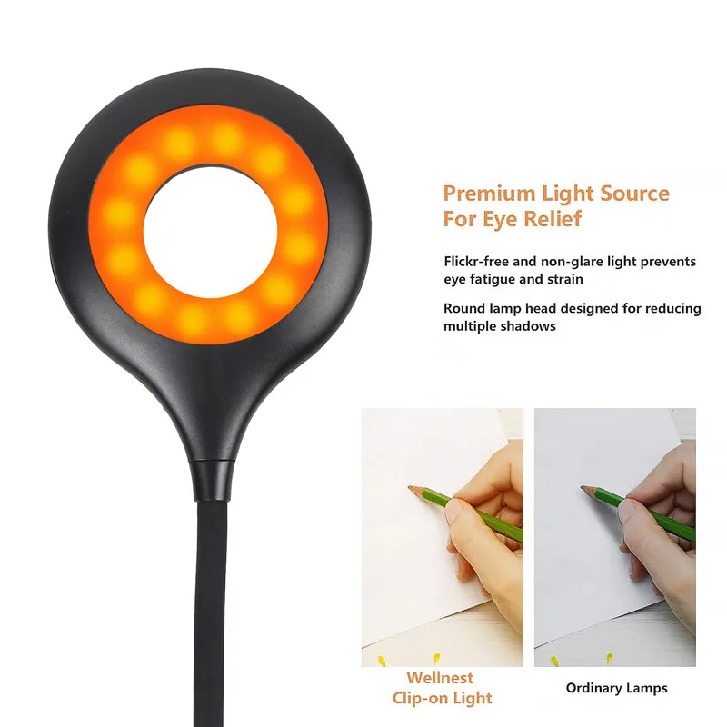 Clip On Table Lamp Blue Light Blocking Amber LED Desk Lamp USB Rechargeable Table lights Dimmable Book light for Study Reading