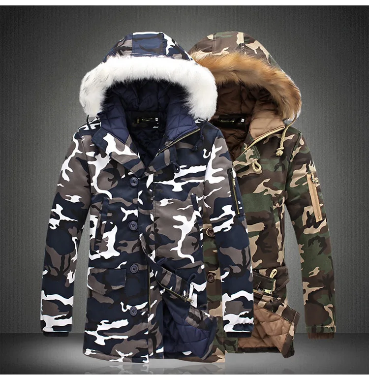 Winter Coat Men Parka Homme 5XL Camouflage Parka Mens Winter Jacket Men Big Fur Collar Fashion Middle Long Coats