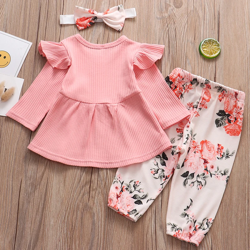 Baby Girl Clothes Newborn Infant 3Pcs Set Solid Color Knitting Long Sleeve Top Floral Print Pants Headband Casual Toddler Outfit