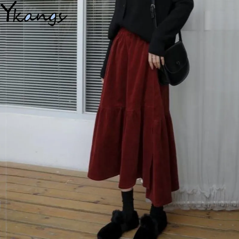 Plus Size Autumn Winter Corduroy Skirt Women Vintage Wine red Midi Long Skirts Female Elastic High Waist A-line Pleated Skirt