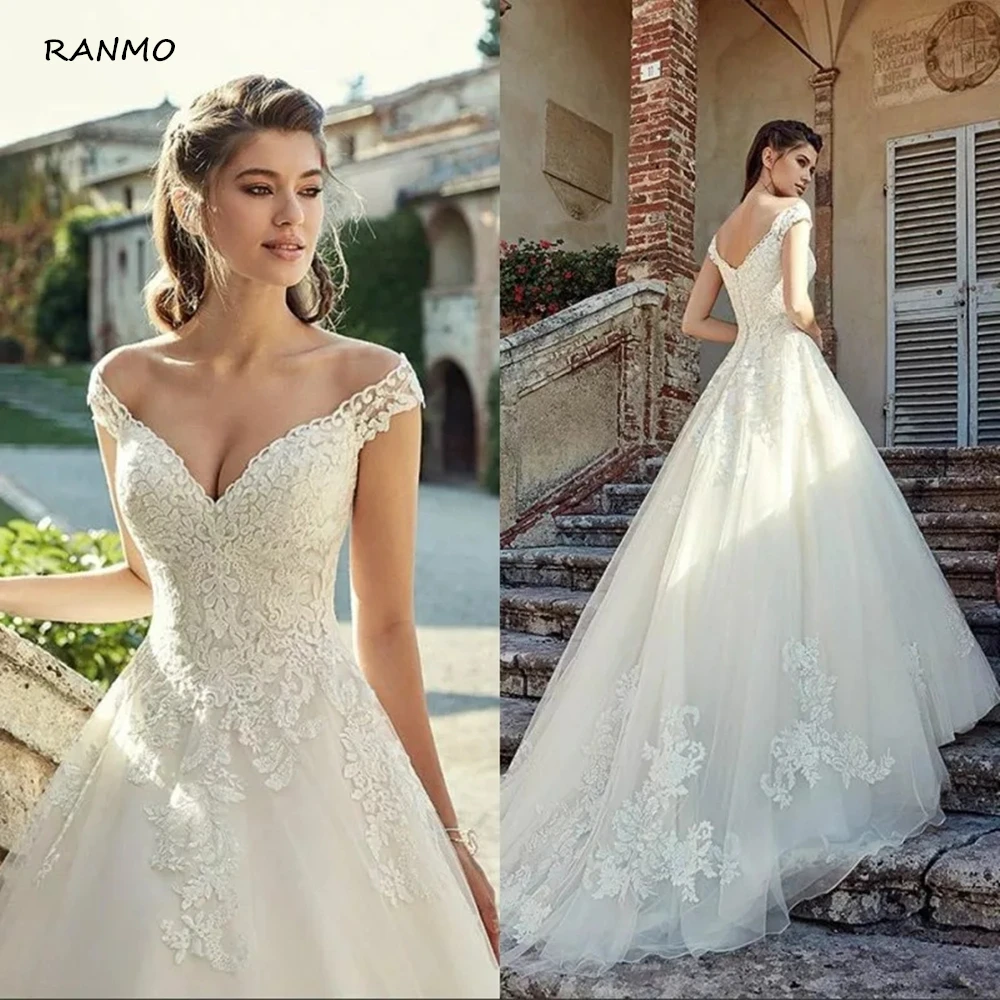 Custom Made Off Shoulder Lace Wedding Dresses 2023  V Neck Applique Sweep Train Bridal Gowns Vestido De Novia