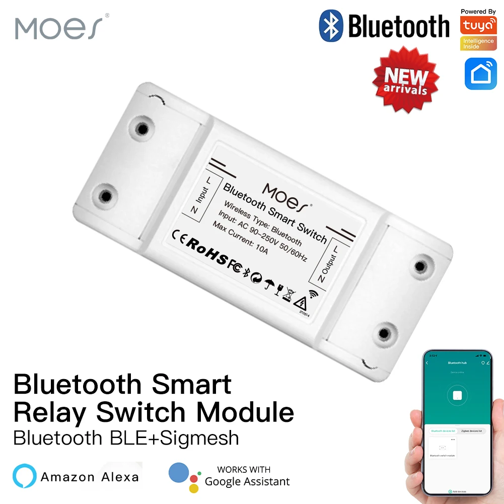 MOES 블루투스 스마트 스위치 릴레이 모듈, 단일 지점 제어, 지그메시 무선 원격 제어, 알렉사 구글 홈 투야
