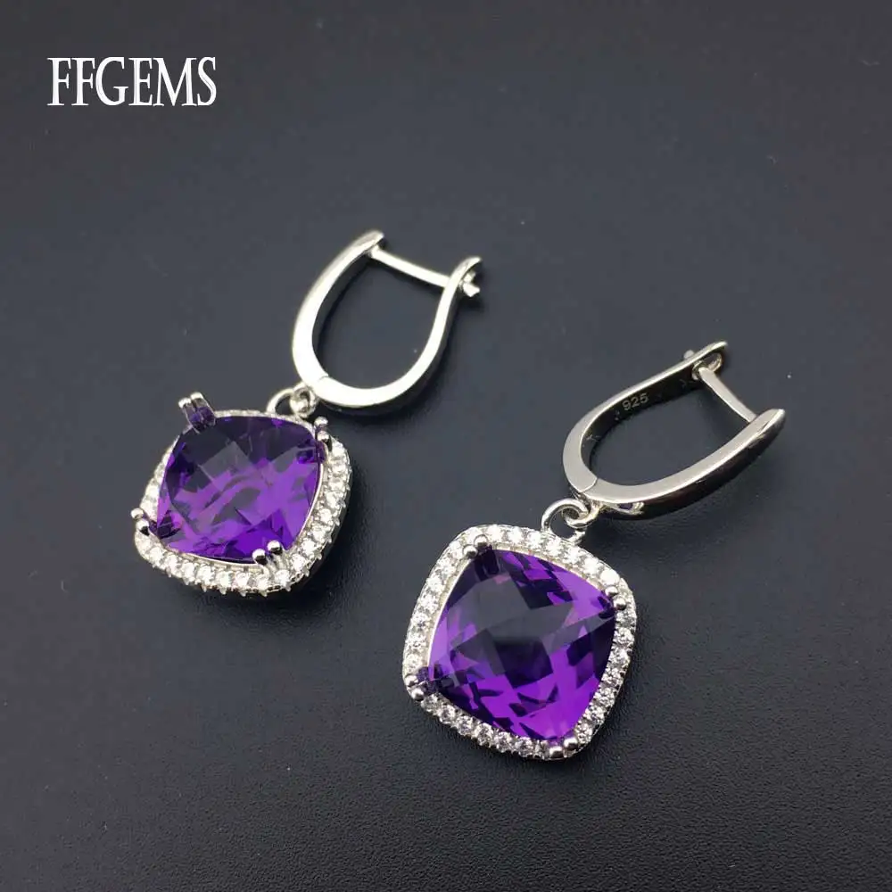 FFGems Natural Amethyst purple square big stone hang Sterling 925 Silver Drop Earring For Women Party Wedding Gift box wholesale