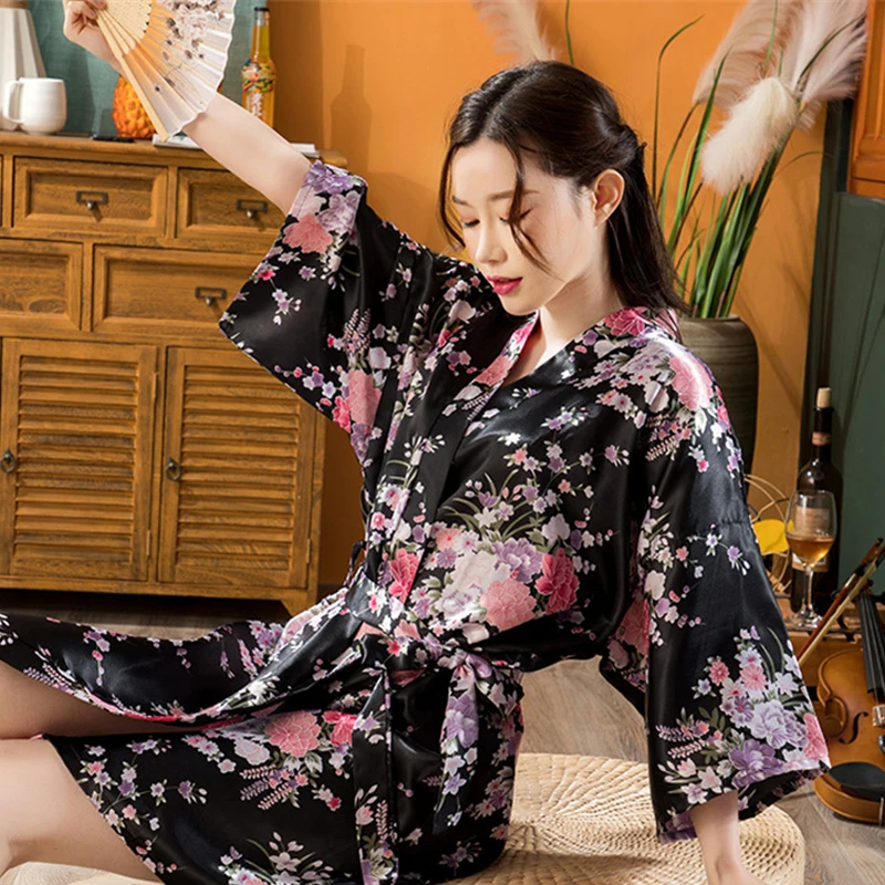 Woman Flower Printed Japanese Kimono Yukata Silk Satin Short Style Long Sleeve Belted Sleepwear Home Nightgown Bath Robe Costume