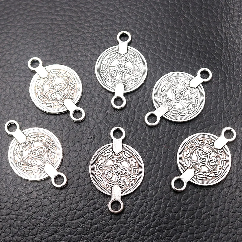 12pcs/ Lot Silver Plated Ancient Coin Double Hole Connector Pendants Bracelet Accessories DIY Charms For Jewelry Crafts Making