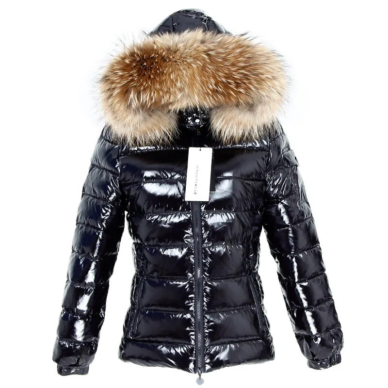 MaoMaoKong Autumn and winter bright face real fur collar black down jacket short 90 white duck down slim hooded warm jacket in w