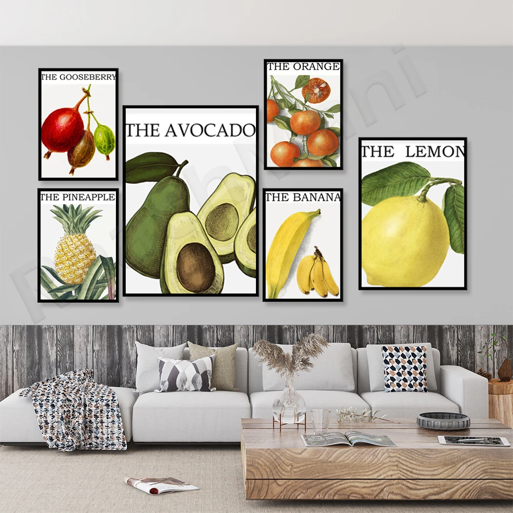 Vintage Fruit Wall Kitchen Art Prints Avocado Orange Lemon Pineapple Gooseberry Art Prints Home Decor Canvas Canvas Print