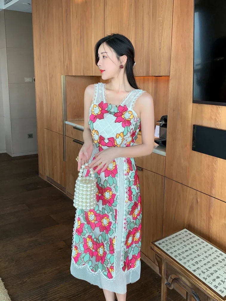 Sundress Nữ Đi Biển Sexy Hở Lưng Đường Băng Mùa Hè 2022 Cao Cấp Boho Chic Ren Thêu Đầm Dự Tiệc Không Tay Đầm Vestido Midi