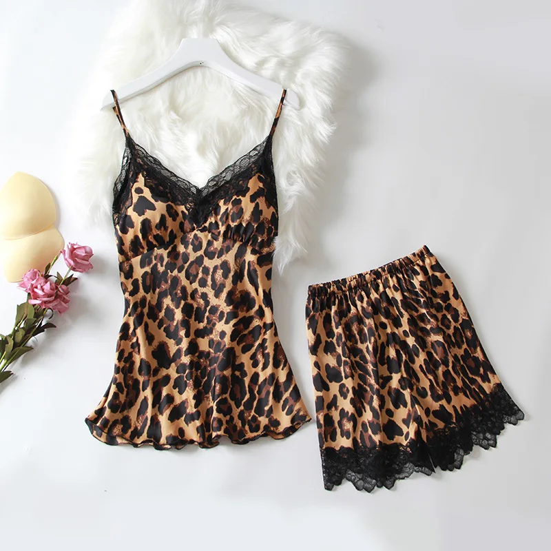 Women Pajamas Set Sexy Leopard Nightwear With Lace Trim Spaghetti Strap Sleepwear V-neck 2PCS Sleepwear Soft Satin Pyjamas Suit