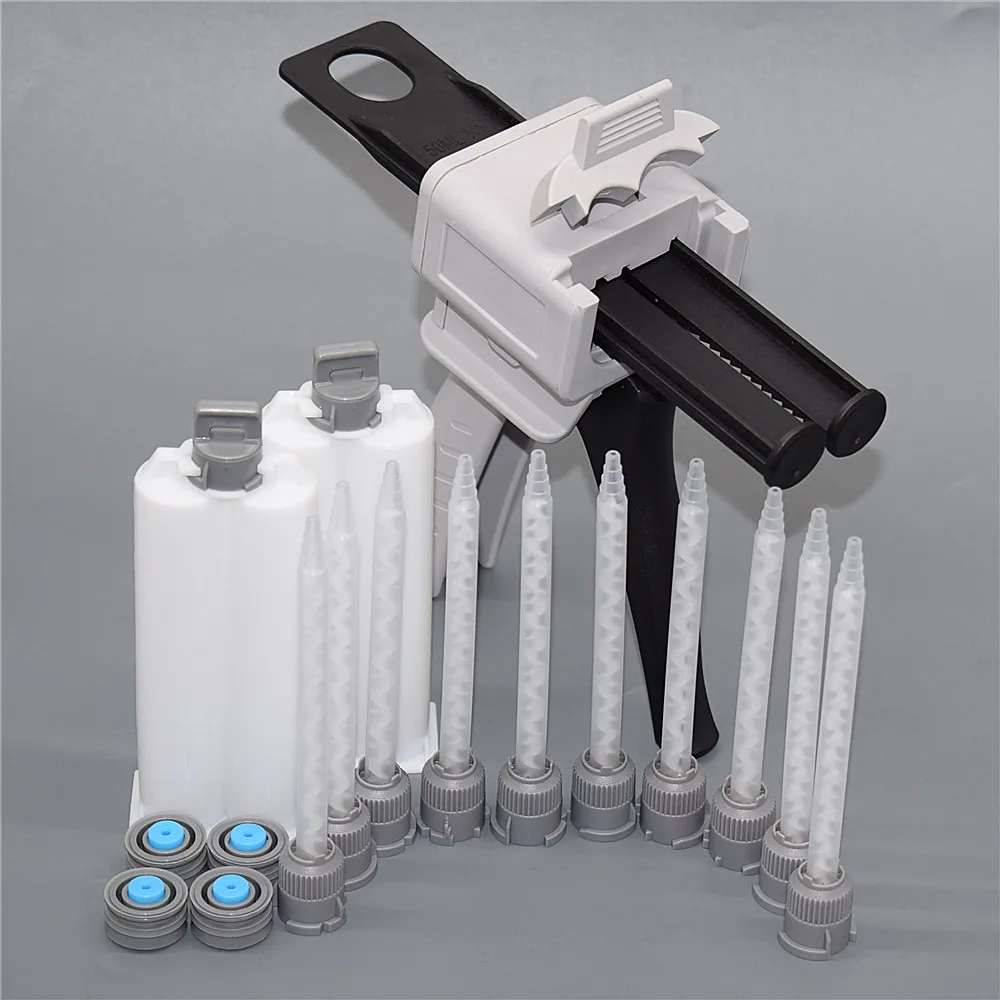 50ml pistola per calafataggio 1:1 AB pistola per colla e 2 pezzi 50ml 1:1 cartuccia vuota a doppio barilotto con 10 pezzi 111mm 1:1 Set di ugelli di miscelazione statici