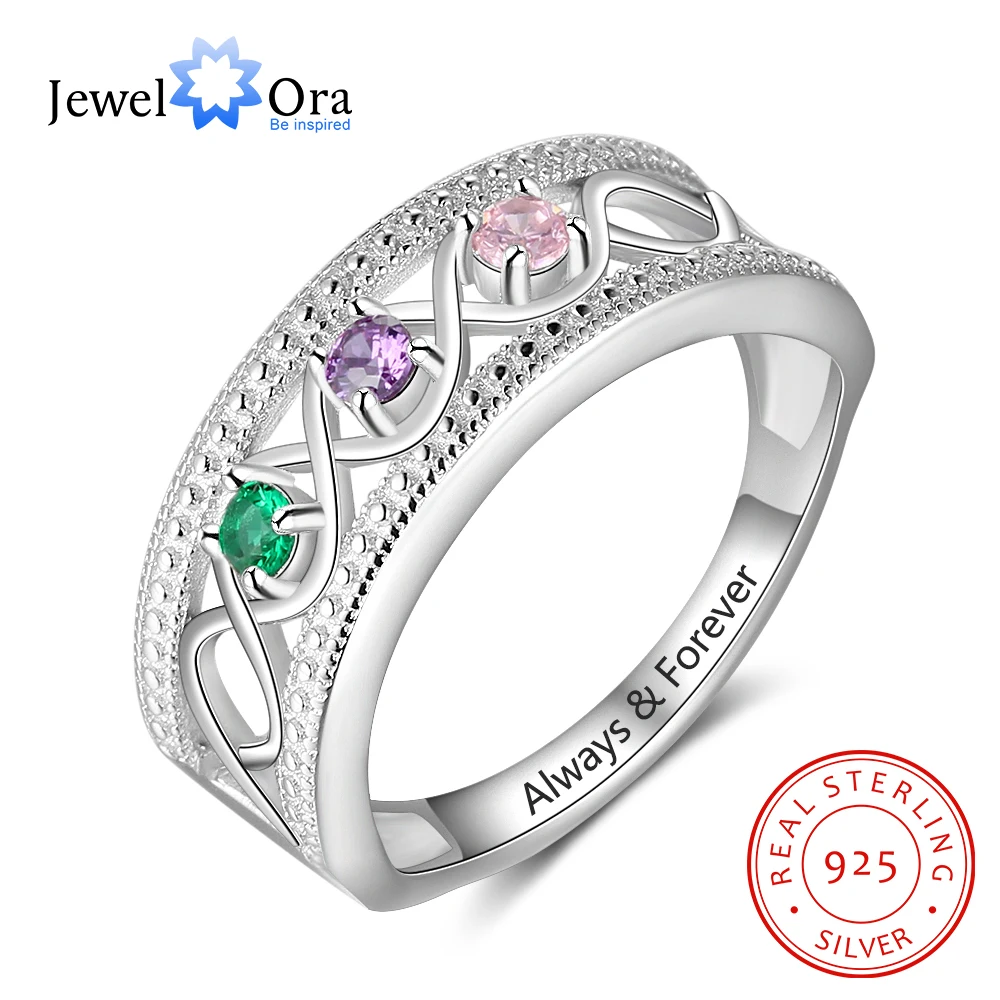 JewelOra 925 Sterling Silver Personalized Promise Rings with 3 Birthstones Custom Name Infinity Love Wide Ring Wedding Jewelry