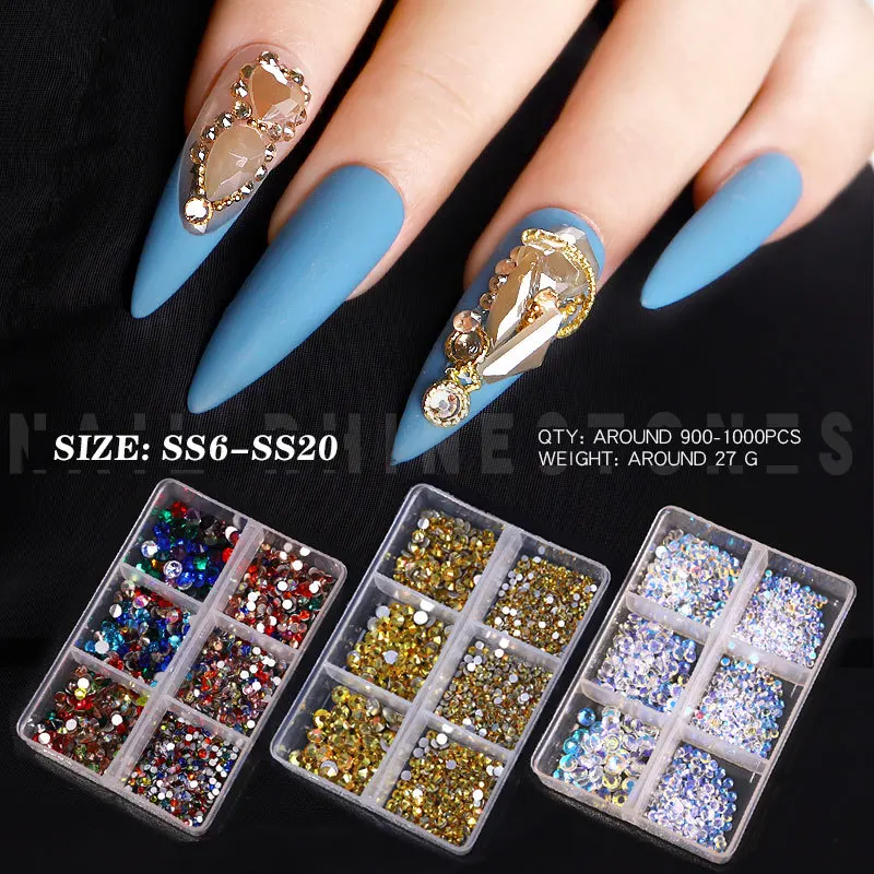 900-1000pcs SS6-SS20 Nail Art AB Color Clear Flat Bottom Multi-size Rhinestone DIY 6 Grids In 1 Box Nail Stones Rhinestones BZY1