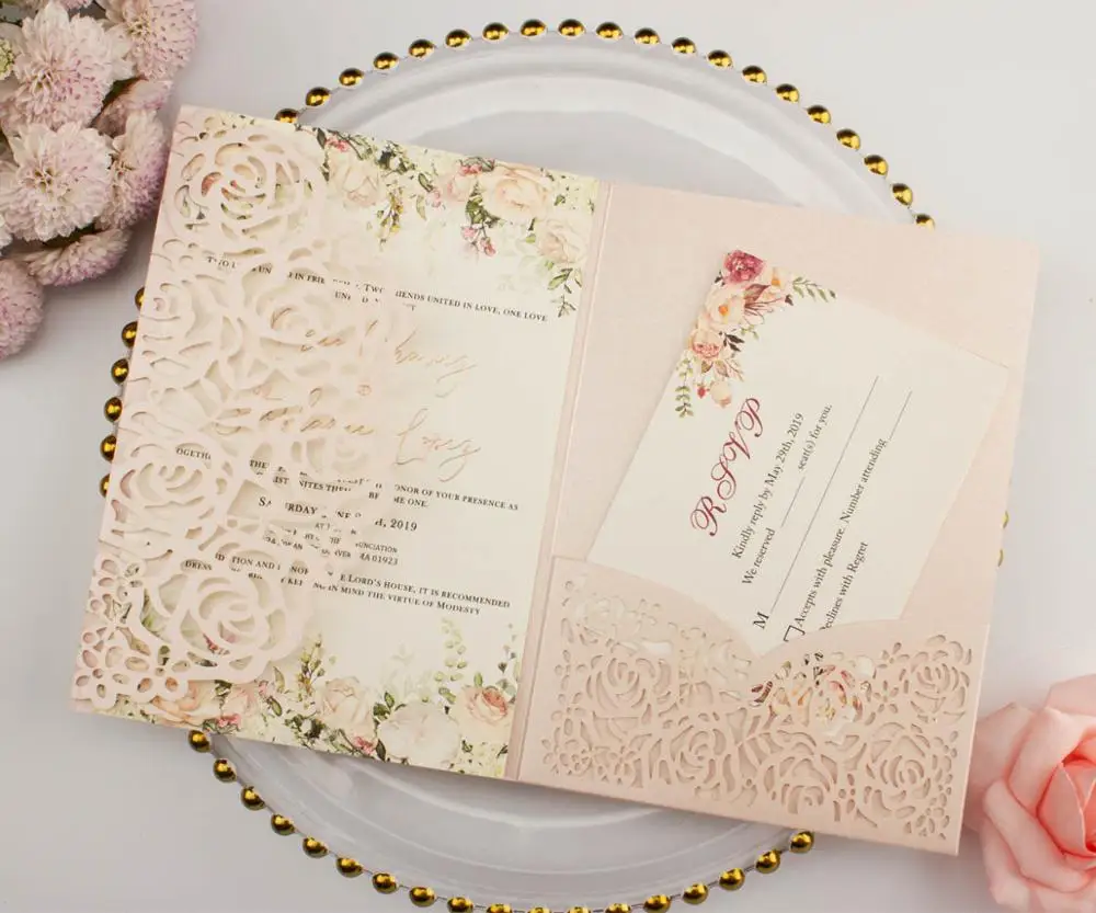 free shipping 1X Laser Cut Tri-fold White Rose Gold floral pocket fold Wedding Invitation Card Invite RSVP Customize envelope