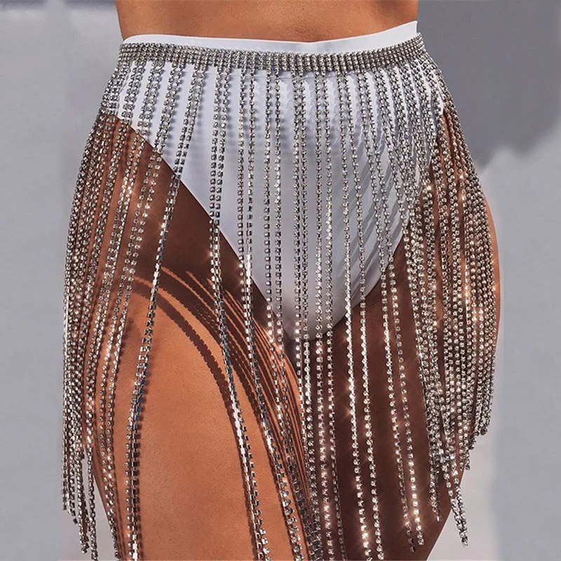 FestivalQueen-Sexy Crystal Studded Tassel Metal Mini Skirt for Women Glitter Rhinestone High Waist Chain Party Clubwear 2022