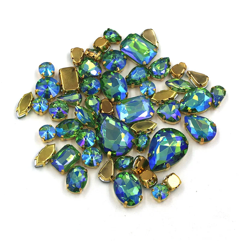 Sell at a Loss! 50pcs/Bag High Quality Mixed Shape Green AB Glass Crystal Sew On Gold Base Rhinestones Diy Clothing Accessories