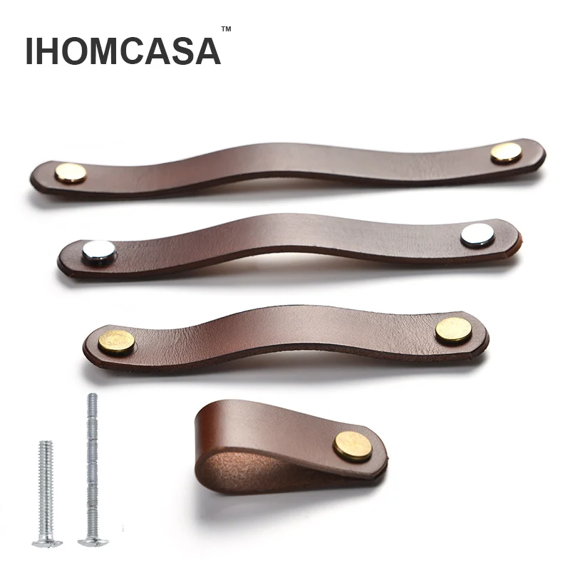 IHOMCASA Brown Leather Knobs European Retro Furniture Drawer Wardrobe Door Handle Cupboard Shoe Cabinet Cowhide Pulls Knob