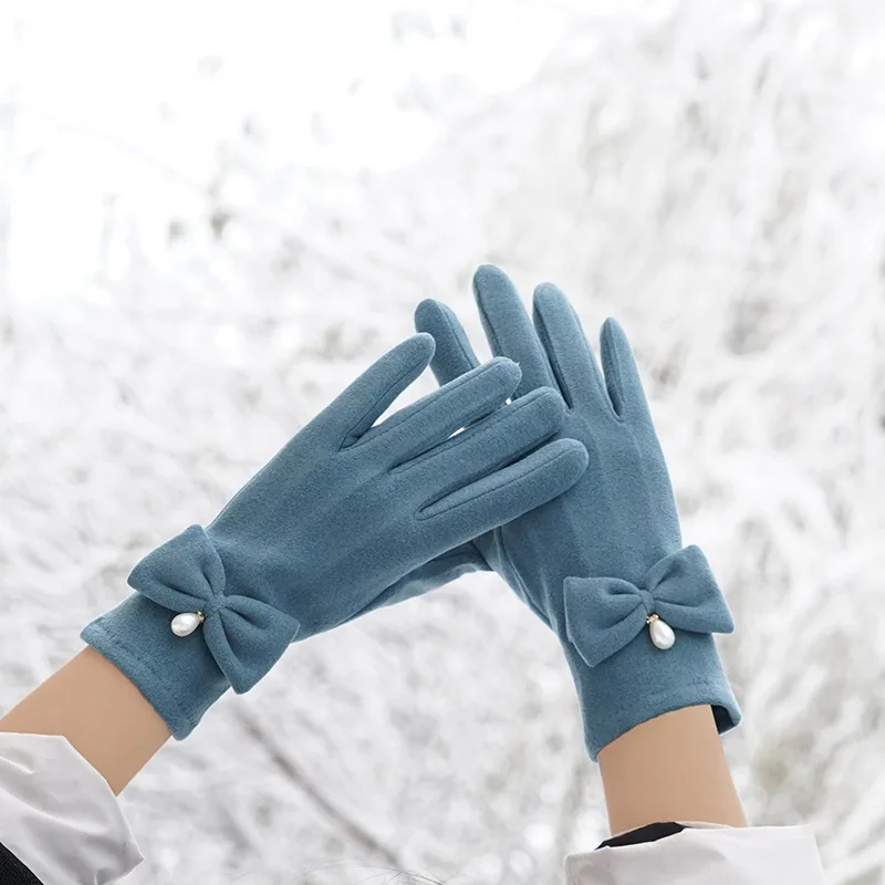 Guantes de lana fina para mujer, manoplas de terciopelo con arco y perlas para pantalla táctil, elegantes, a la moda, para ciclismo