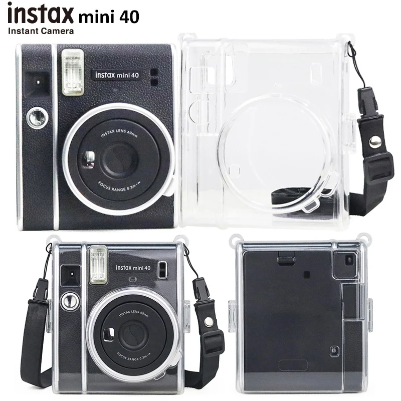 حافظة كاميرا لكاميرا Fujifilm Instax Mini 40 الفورية، غطاء حقيبة شفاف من السيليكون/جلد البولي يوريثان/كريستال مع حزام كتف