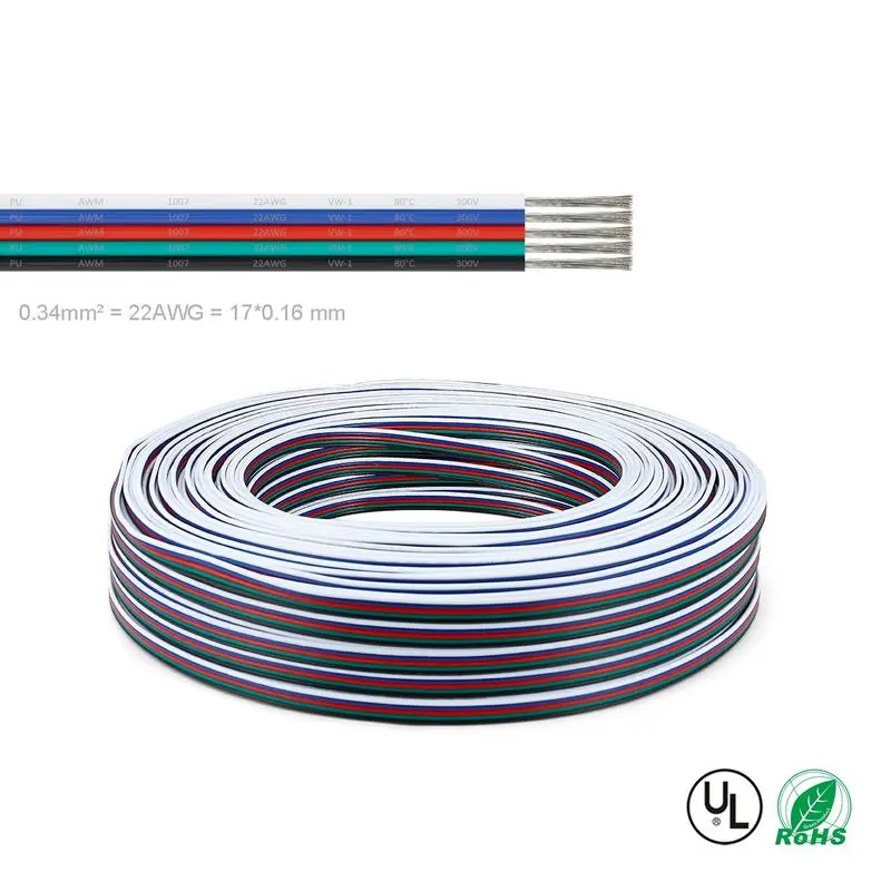 10 roll 100m 5pin UL2468 22 AWG 5x0.34 sq.mm Tinned Copper Wire LED Strip Cable Electric Cable Extend Cord DIY Wire