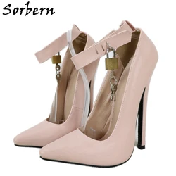 Sorbern Blush Pink Super High Heel Pump Shoes Women Ankle Straps Lockable Padlock Wrap Strap Fetish 18Cm Stiletto Pump Mistress