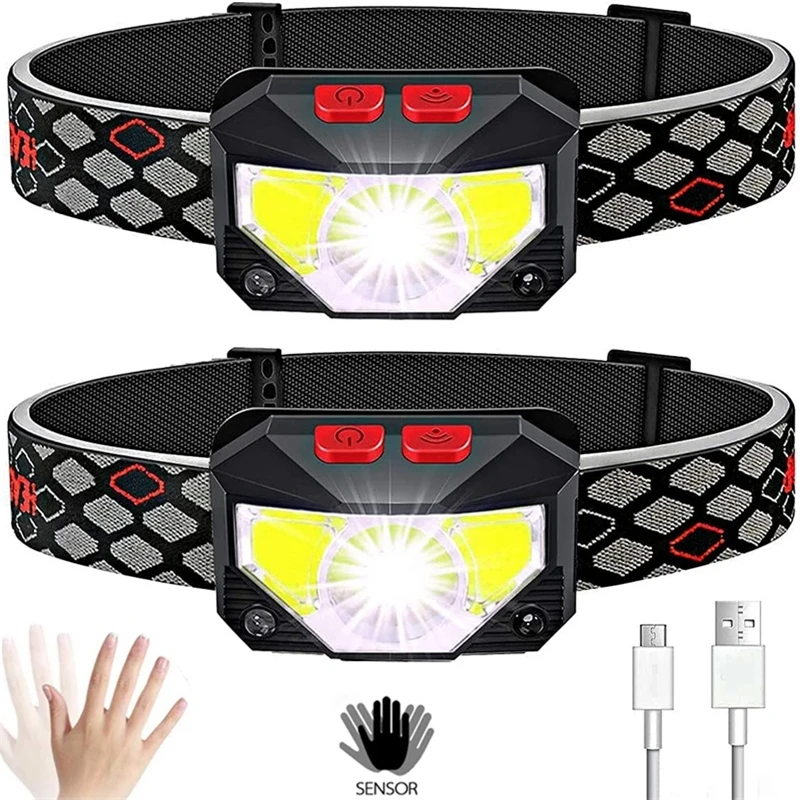 2 pack Powerful LED Headlight Sensor Head Light USB Rechargeable Headlamp Head Torch Waterproof Flashlights  for Camping Hiking