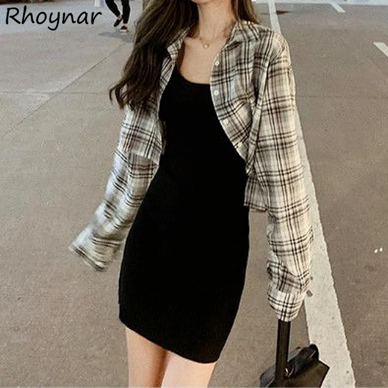 Shirts Women Cropped Ladies Tops Leisure Plaid Design Minimalist Lovely Korean Version Daily Newest Popular Trendy Cozy Soft Ins