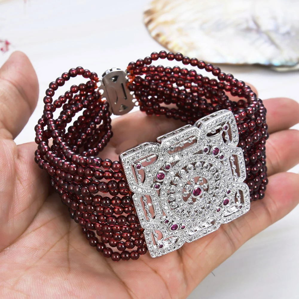 Natural Stone 8\'\' 11 Strands Natural Round Garnet Bracelet CZ Connector