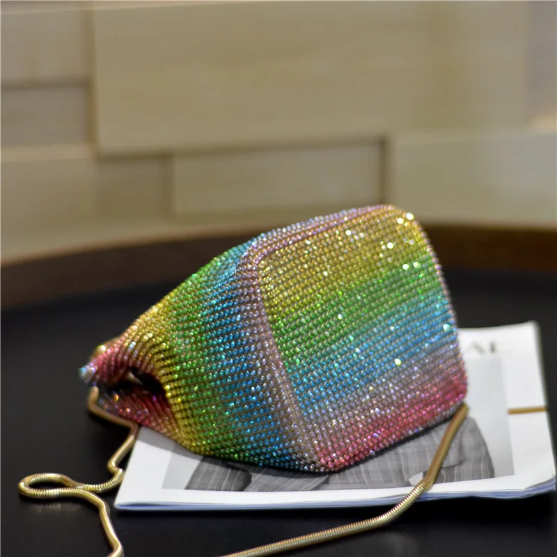 Niche Personality Messenger Shoulder Rhinestone Bag Female Chain Handbag Female Color Mesh Diamond Bucket Bag