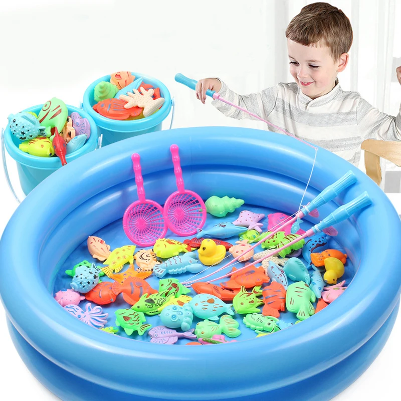 Juego de juguetes de pesca para niños, juego de agua para bebés, caña magnética y peces con piscina inflable, juguetes deportivos al aire libre para niños