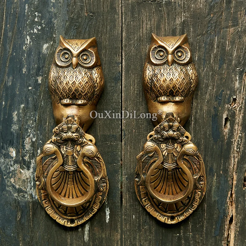 1PCS Antique Handmade Owl/Cobra/Robin Brass Door Handle Surface Mounted Copper Knocker Animal Handle Furniture Hardware GF724