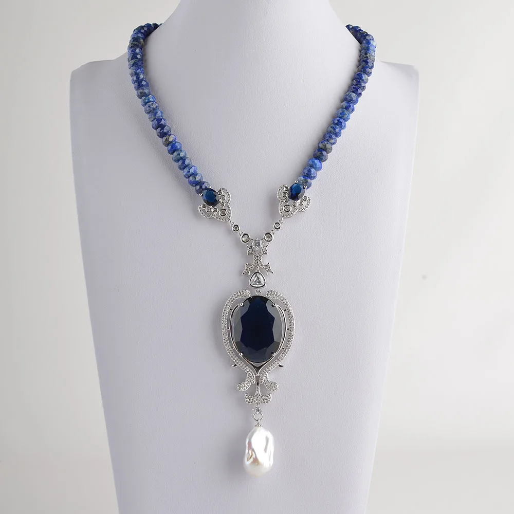 

Women's 19'' Faceted Rondelle Lapis Keshi Pearl CZ Pendant Necklace