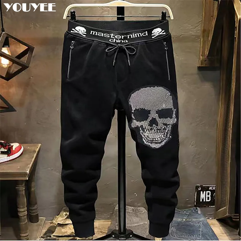 Casual Pants Skull Trendy Black Micro Elastic Cotton Male Diamond Trendy Hip-Hop Sweatpants Sports Goth Pants Men\'s Clothing