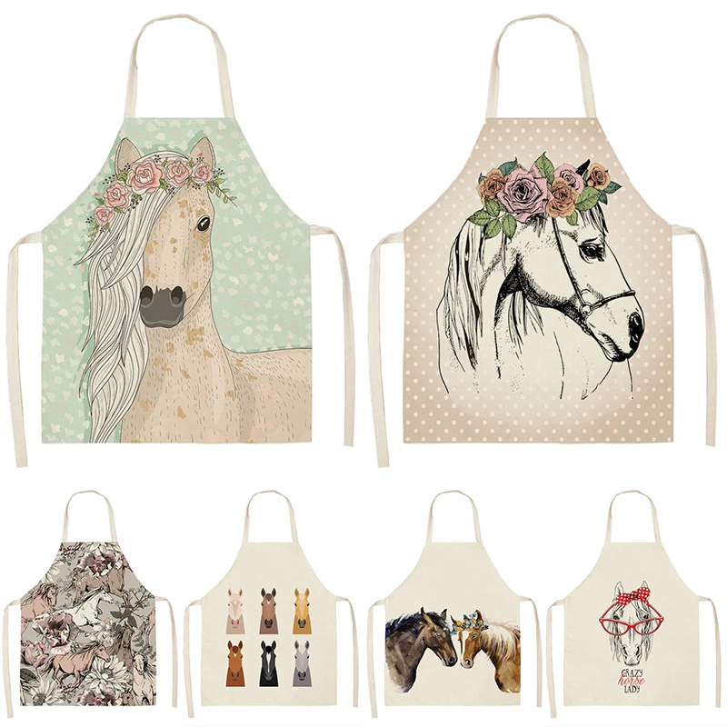 

1Pcs Horse Kitchen Sleeveless Aprons For Women Cotton Linen Bibs Household Cleaning Pinafore Home Cooking Apron 53*65cm WQL0176