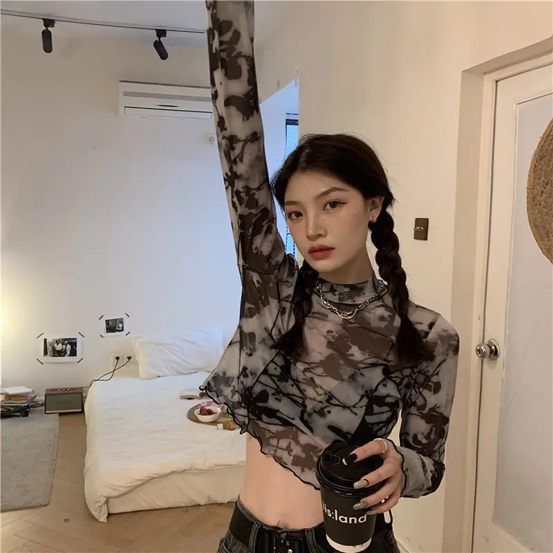 Women Long Sleeve T-shirts Sexy Mesh Tie Dye High Street Crop Tops Girls Summer Thin Breathable Slim All-match Tees Ulzzang Chic