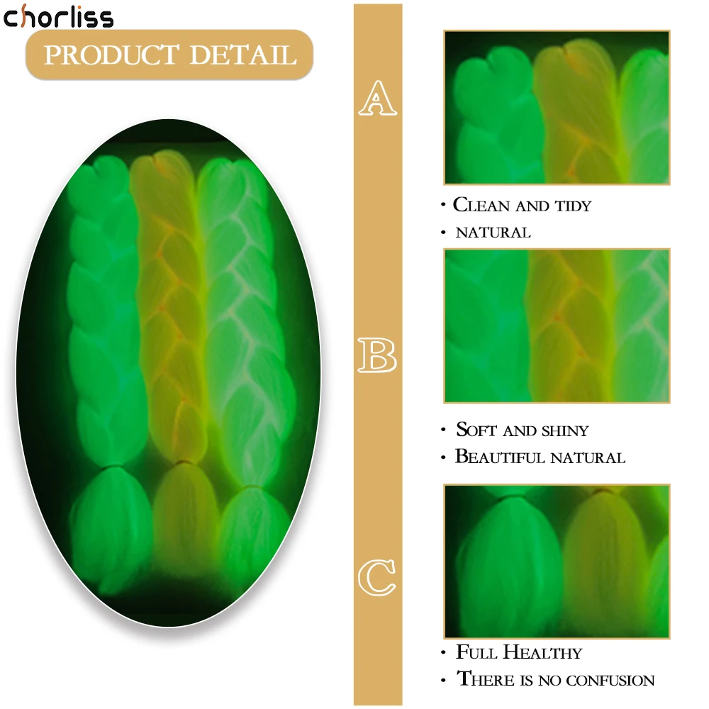 Extensão de cabelo grande de crochê sintético, brilhante, cor pura, verde fluorescente, escuro, para tranças de crochê