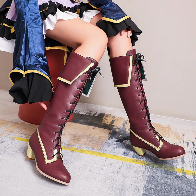 

YMECHIC 2024 Fashion Cosplay Cross Tied Knee High Knight Boots Female Wine Red Spike Block Heels Womens Long Boots Autumn Shoes