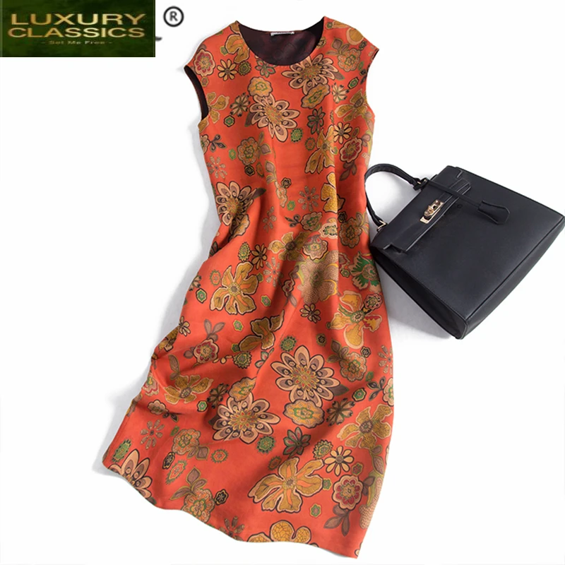 

Vintage Summer Dress Women 100% Real Silk Dresses Clothes 2021 Elegant Ladies Floral Long Party Dress Print Vestidos 0509