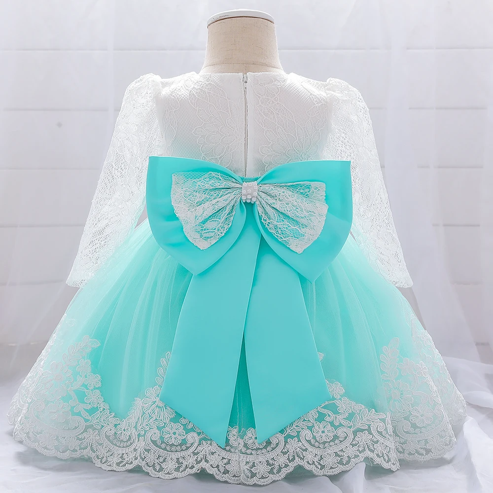 Baby Girls Dress Newborn Girl Long Sleeve Lace Party Wedding Dresses With Big Bow Infant Girl 1st Birthday Princess Dress