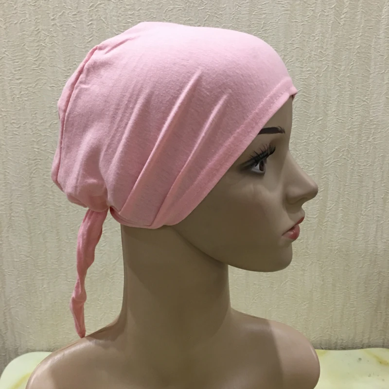 H048 Plain Cotton Tie Back Hats Muslim Turban Pure Color Stretch Inner Hijabs Underscarf Women Head Scarf Under Hijab Bonnet