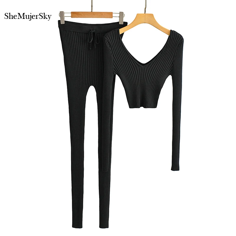 

SheMujerSky Women Knitted Cropped Pullovers And Long Pants Matching Set 2021 Elastic Solid Color Skinny Slim 2 Pcs Set